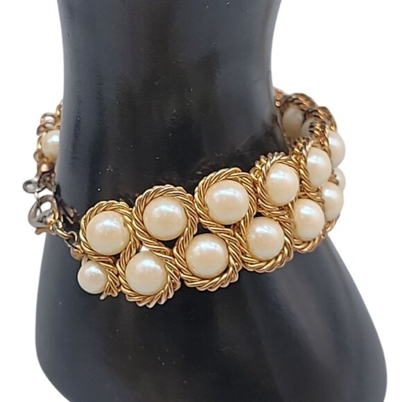 Vtg Vermeil Imitation Pearl Double Woven Row Bracelet Gold on Sterling Silver - Picture 2 of 14